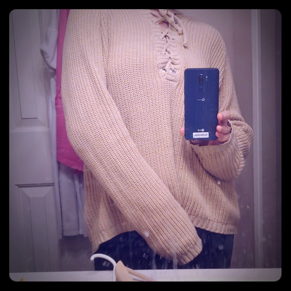 Forever 21 Lace Up Knitted Beige Hoodie